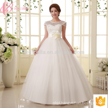 Cap sleeve lace applique cheap puffy ball gown floor length plus size wedding dress